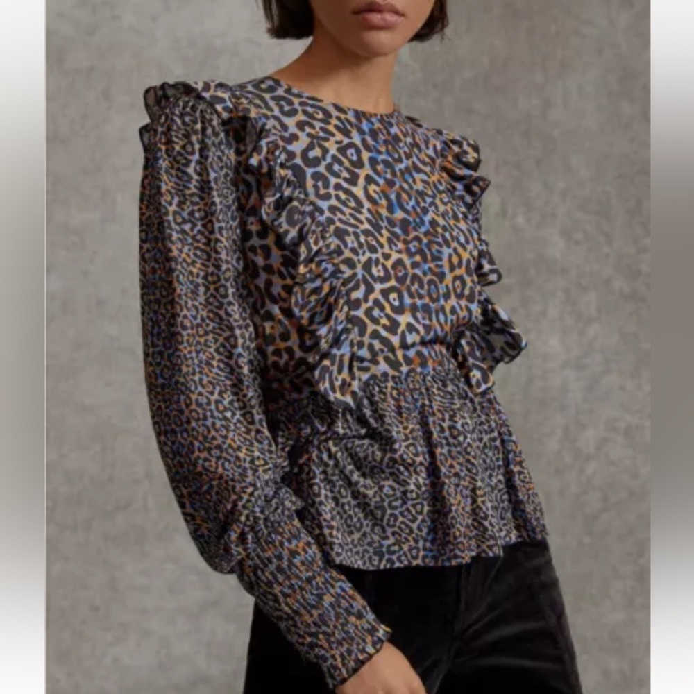 Anthropologie Bl^nk Moira Ruffled Peplum Smocked Top Leopard Print S